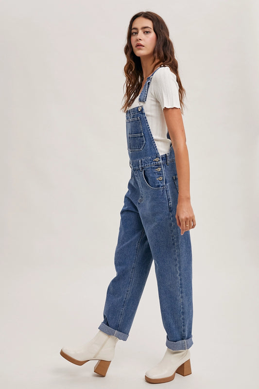 Patched Pocket Denim Overalls