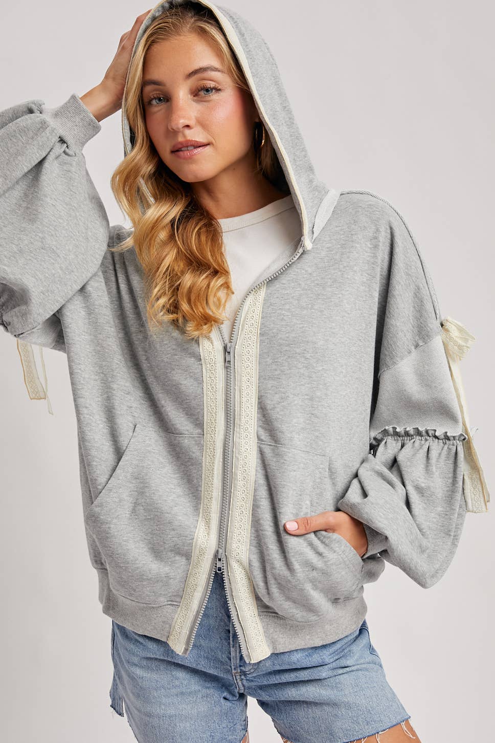 Lace-Trimmed Balloon Sleeve Zip Hoodie