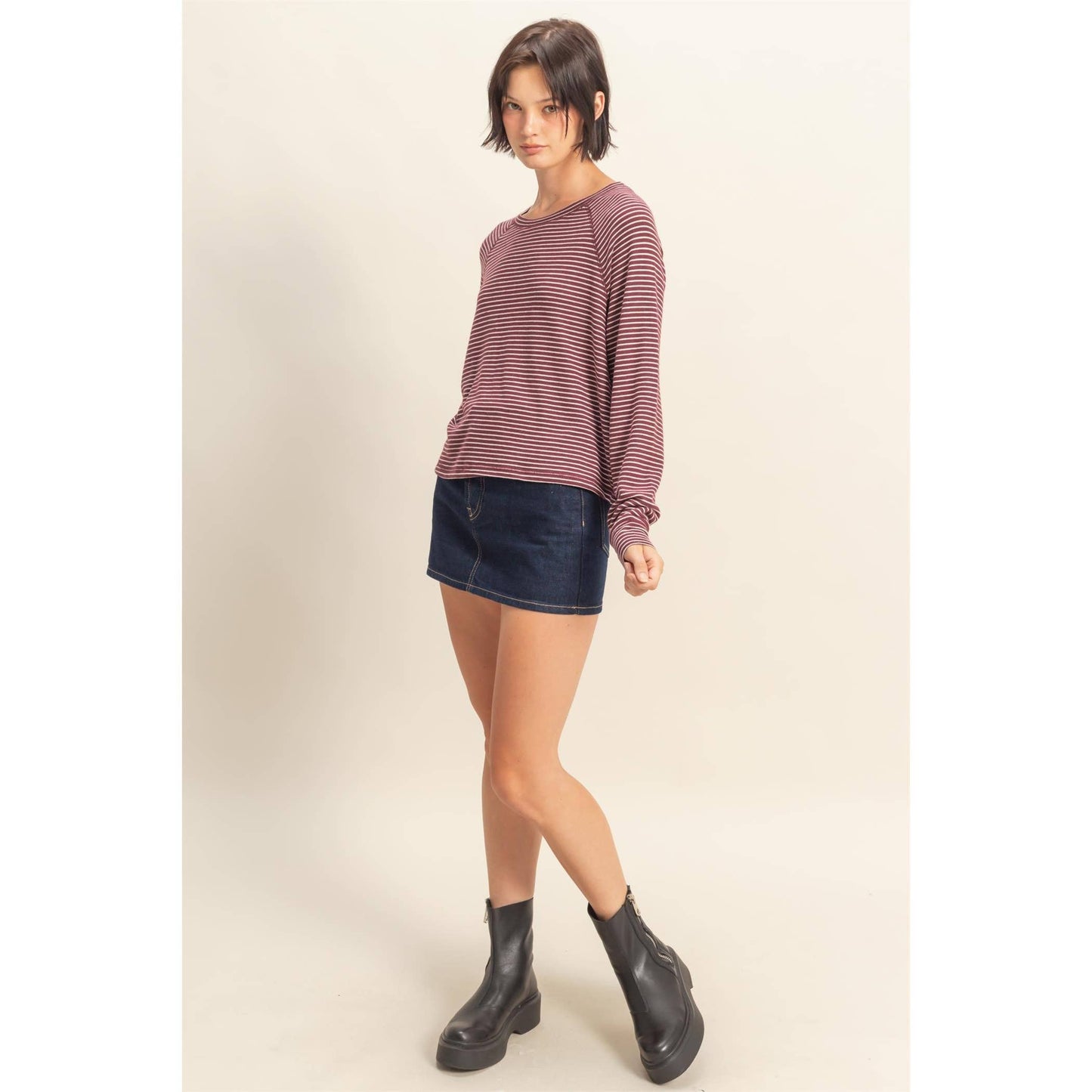 Striped Raglan Long Sleeve Top I Black/Cream