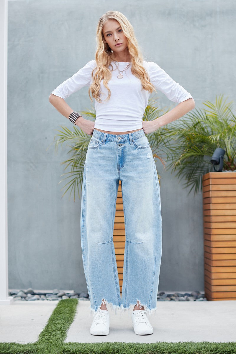 High Rise Distressed Barrel Jeans