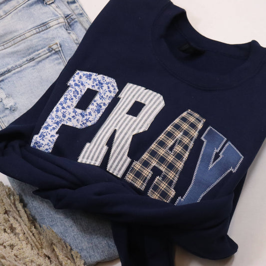 Navy Patchwork Pray Crewneck