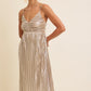 Shiny Metallic Pleated Midi Dress with Smocked Back