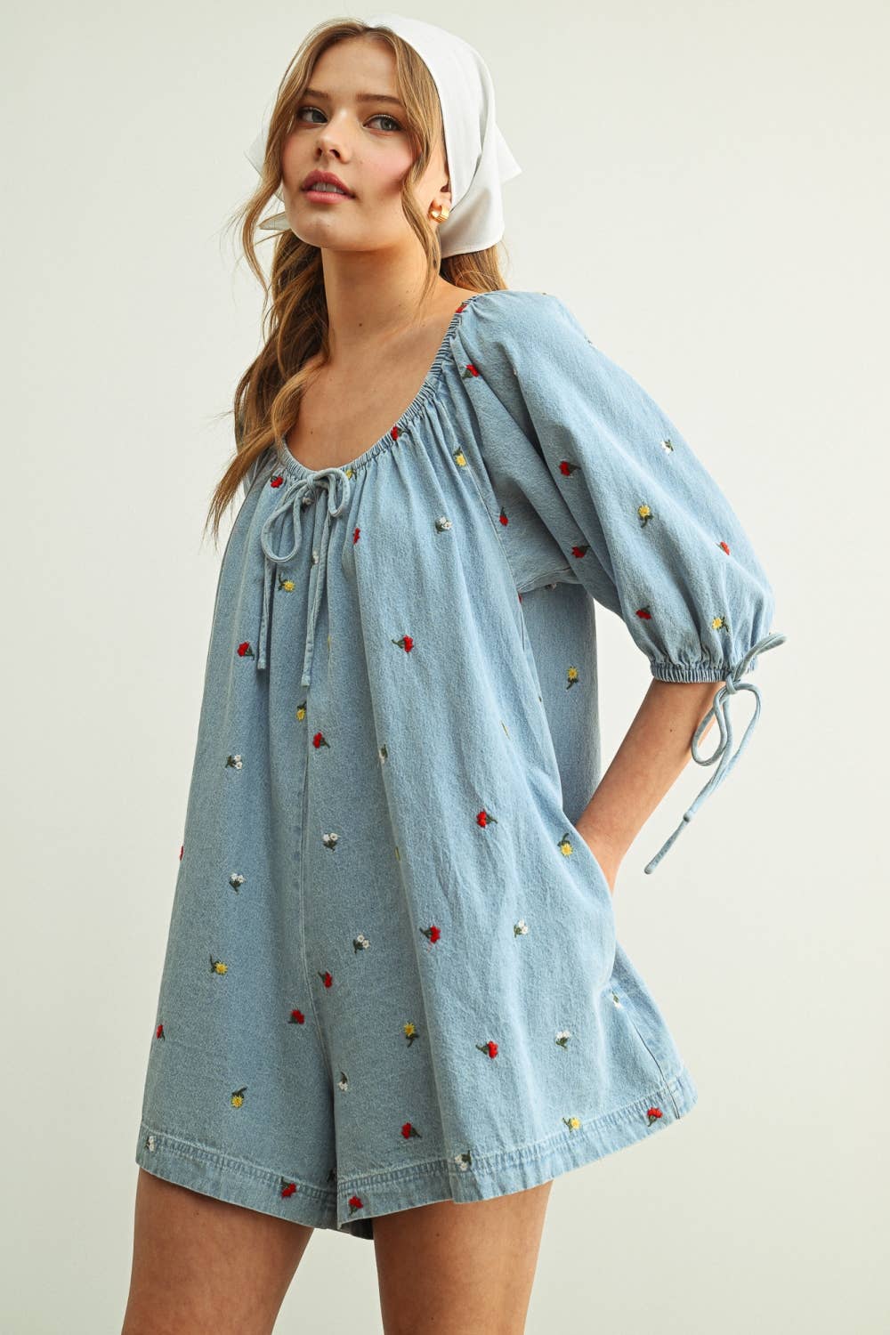 Embroidered Denim Romper