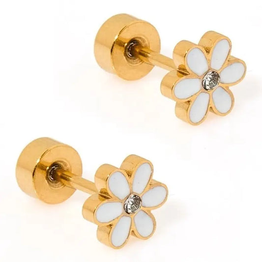 Screwback Stud Earrings - White Flower