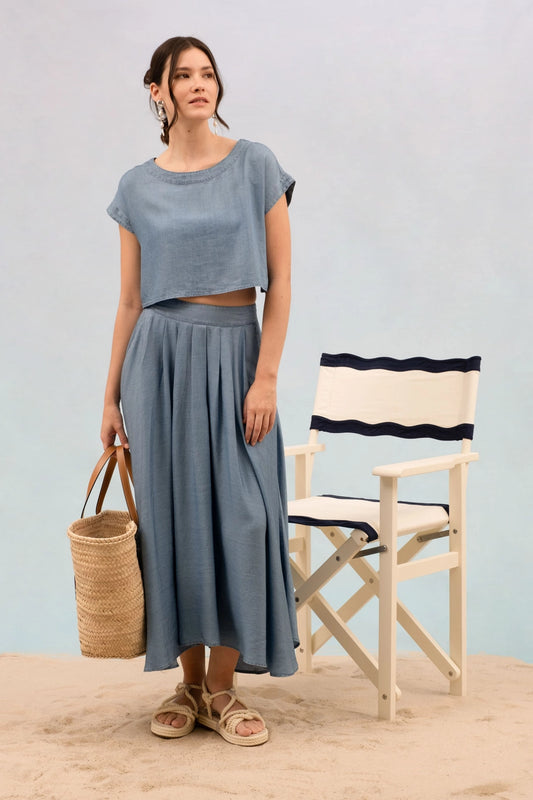 Chambray Pleated Skirt