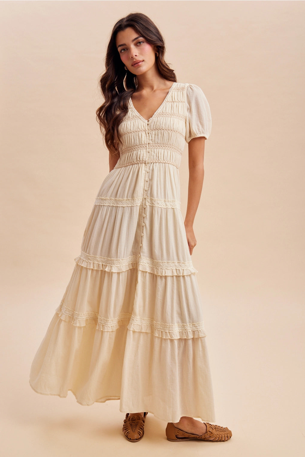 Smocked Lace Tiered Maxi