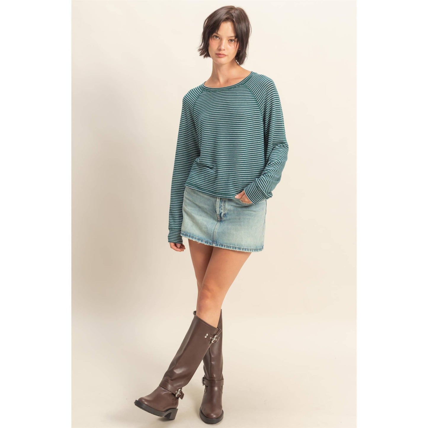 Striped Raglan Long Sleeve Top — Taupe/Cream