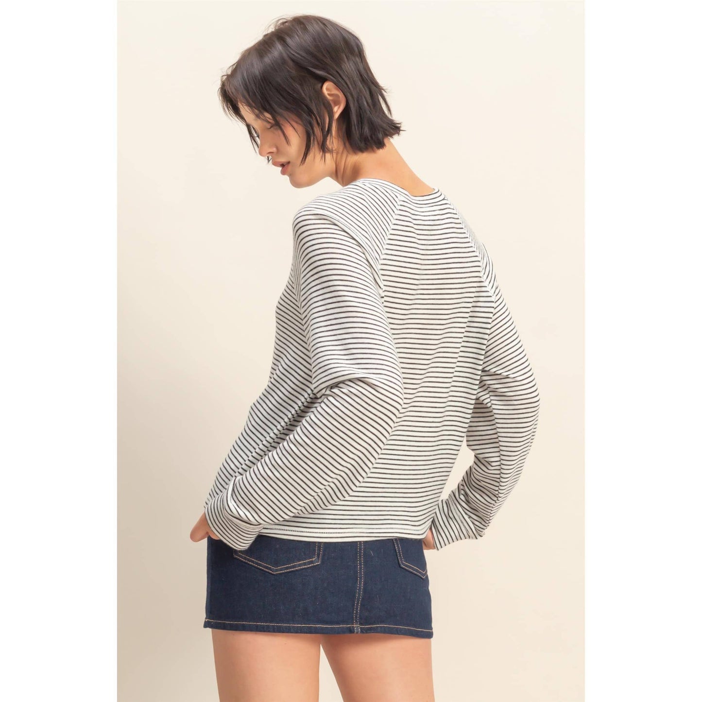 Striped Raglan Long Sleeve Top — Taupe/Cream