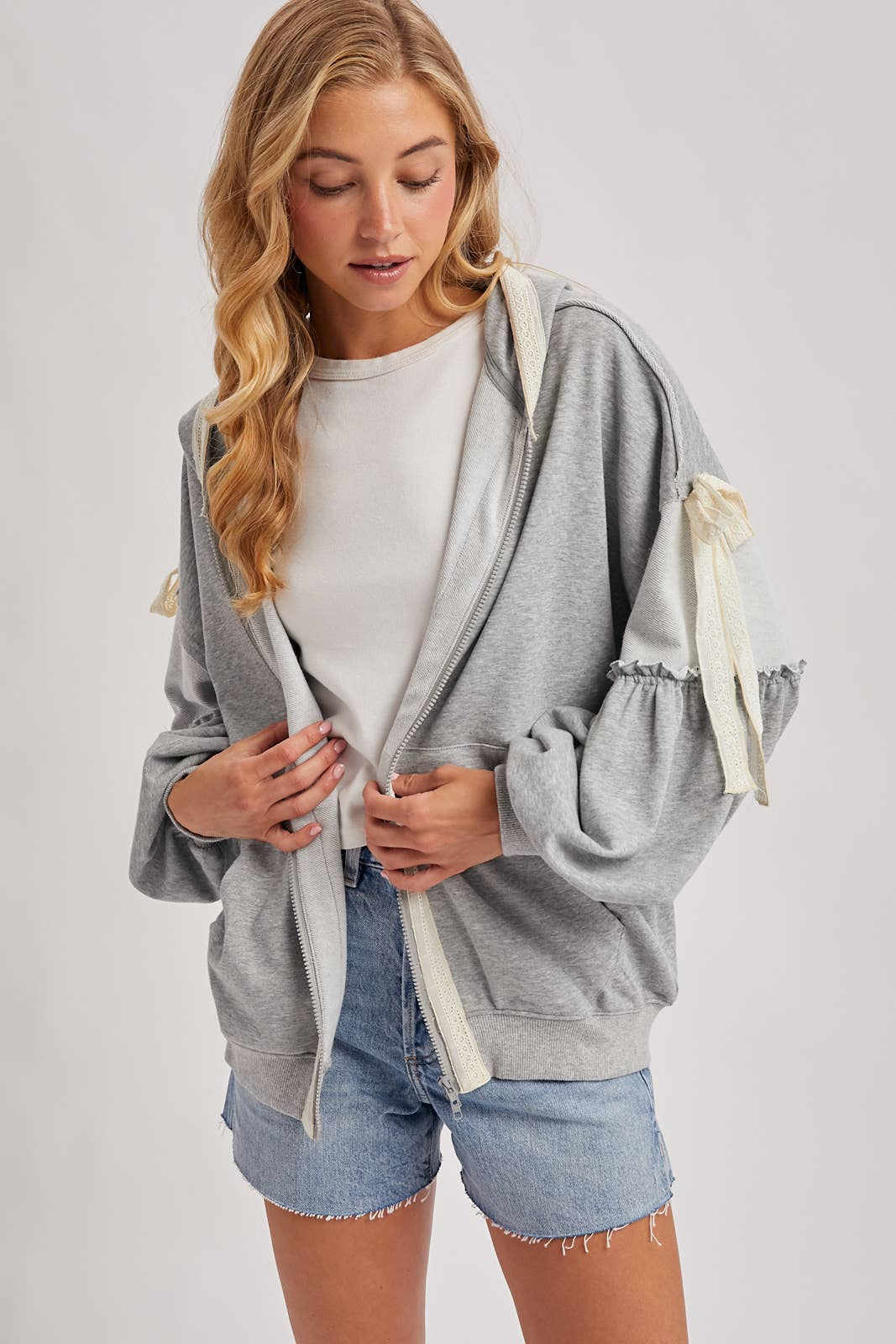Lace-Trimmed Balloon Sleeve Zip Hoodie