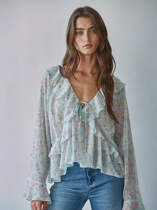 Sheer Floral Ruffle Blouse
