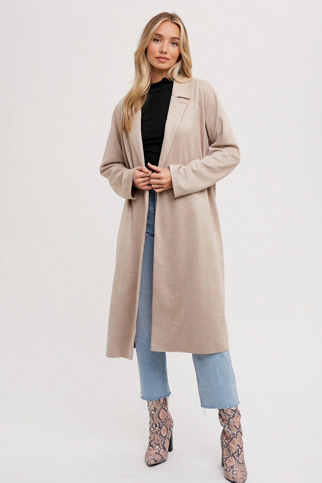 Suede Longline Open Front Coat