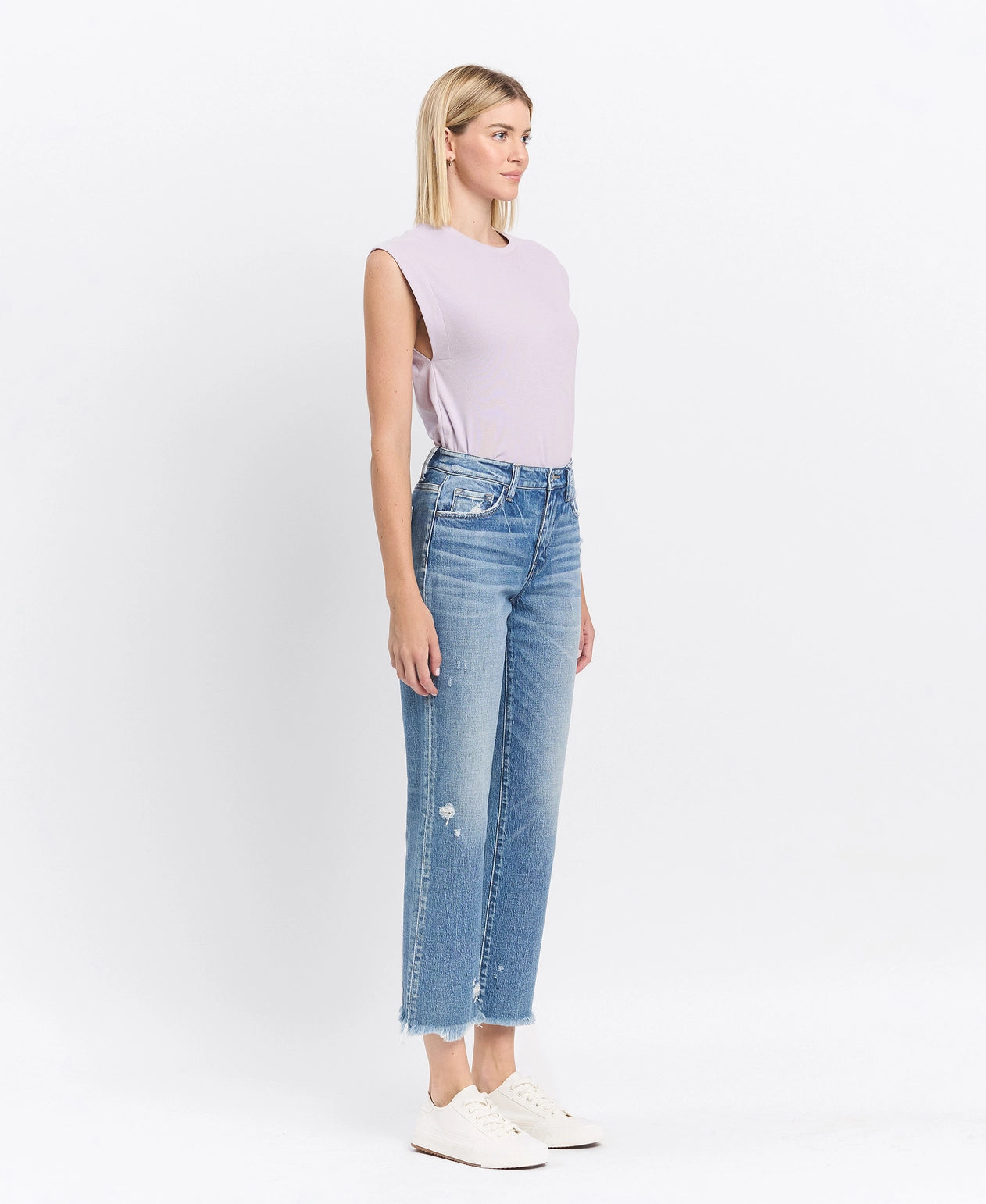 High Rise Frayed Hem Straight Jeans