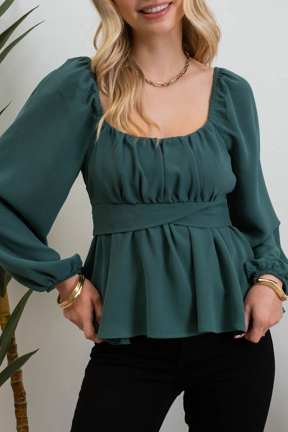 Scoop Neck Back Tie Blouse