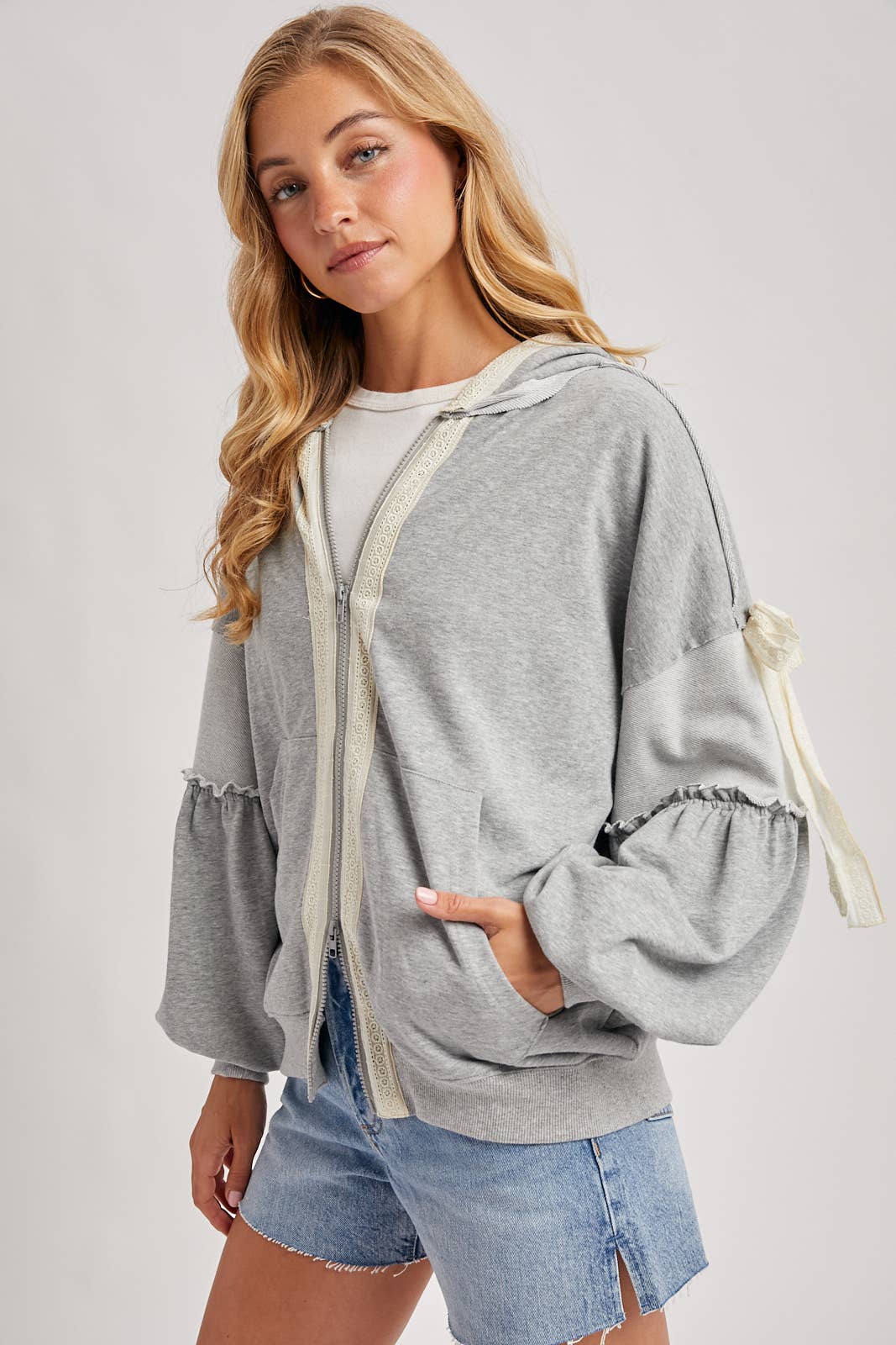 Lace-Trimmed Balloon Sleeve Zip Hoodie