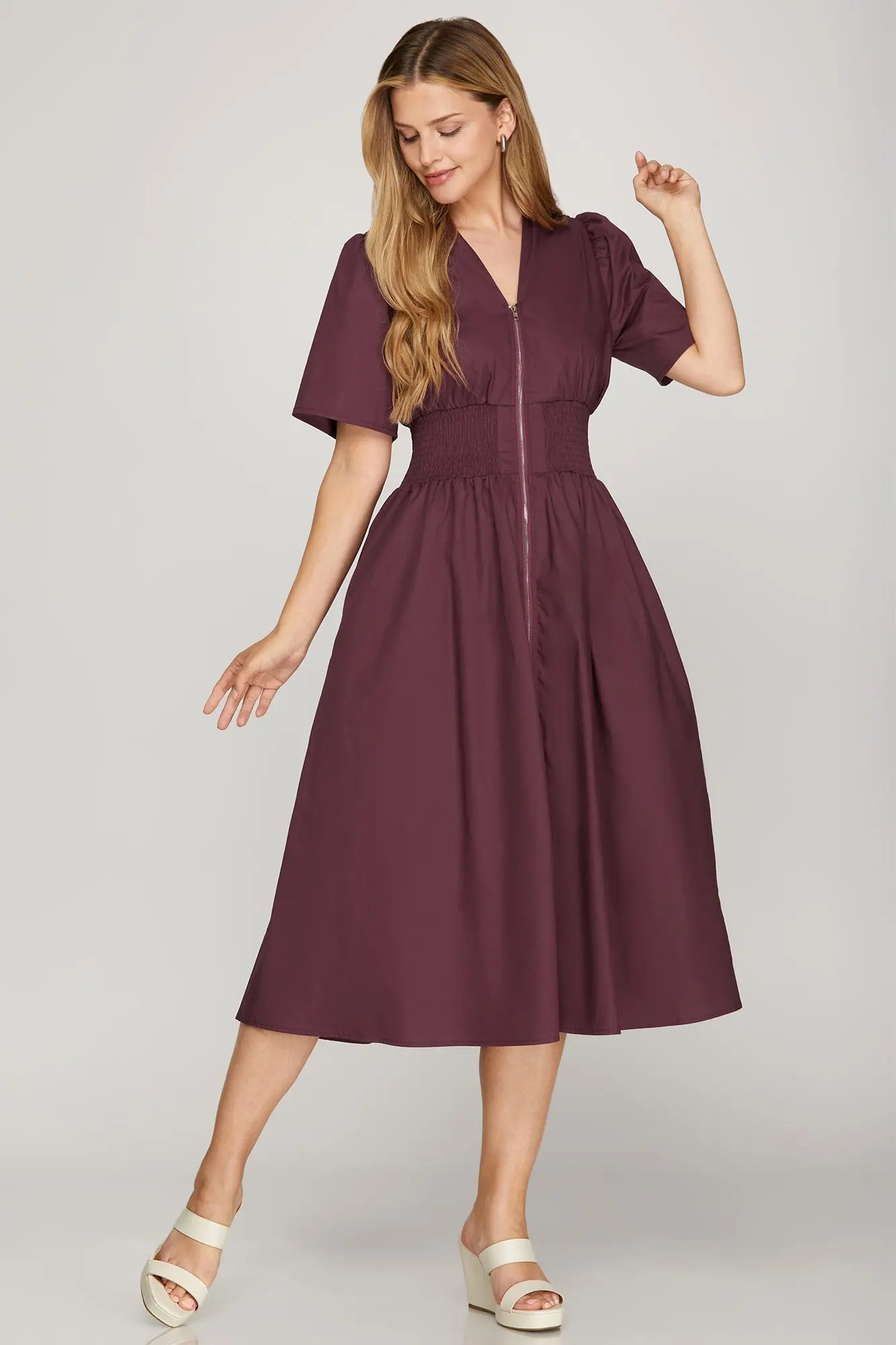 Smocked Zip Front Midi Dress