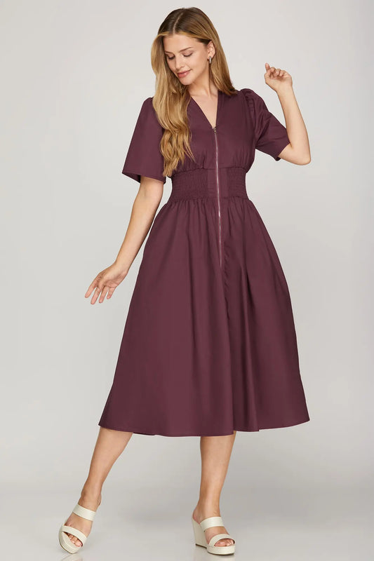 Smocked Zip Front Midi Dress