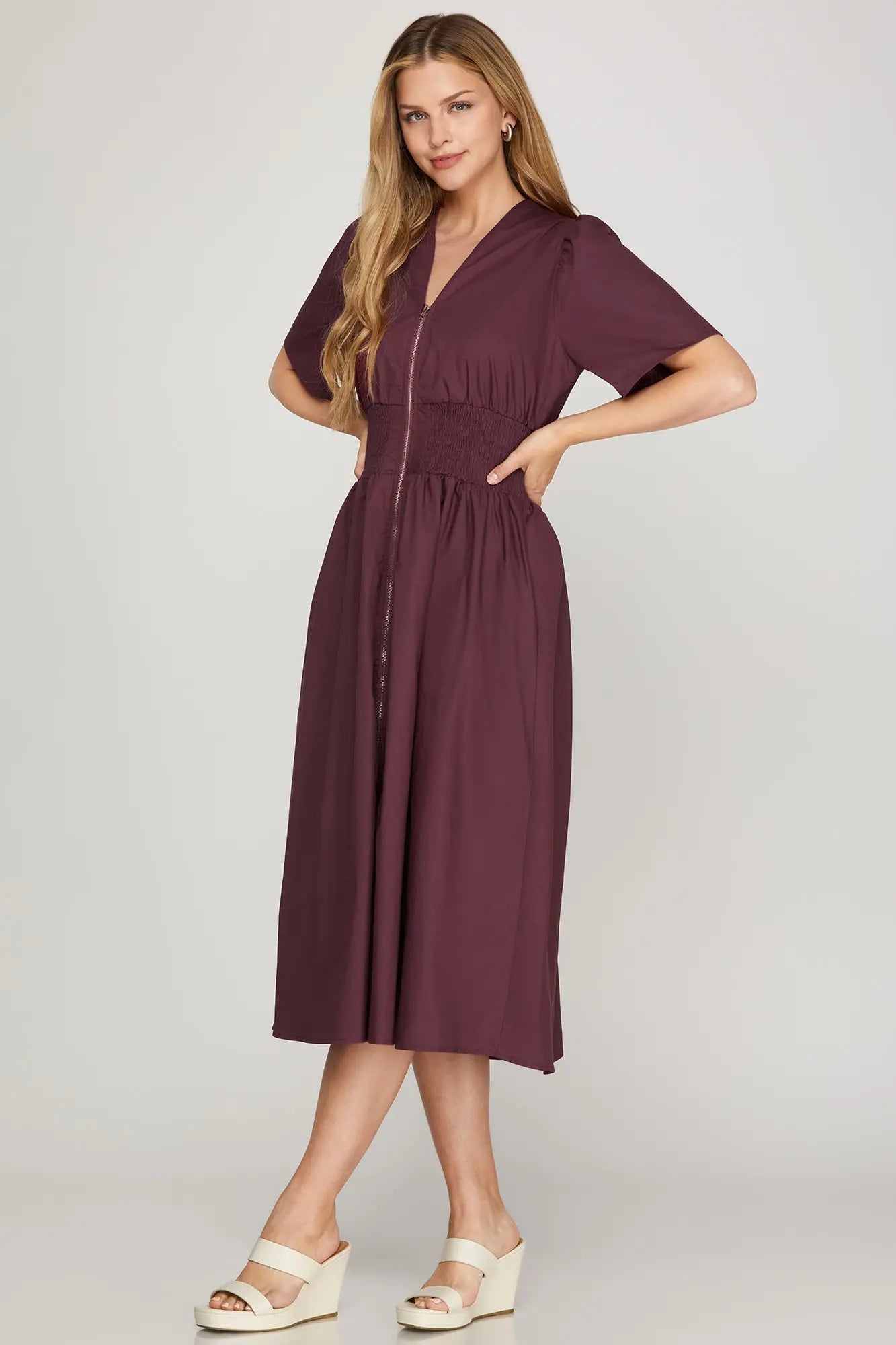 Smocked Zip Front Midi Dress