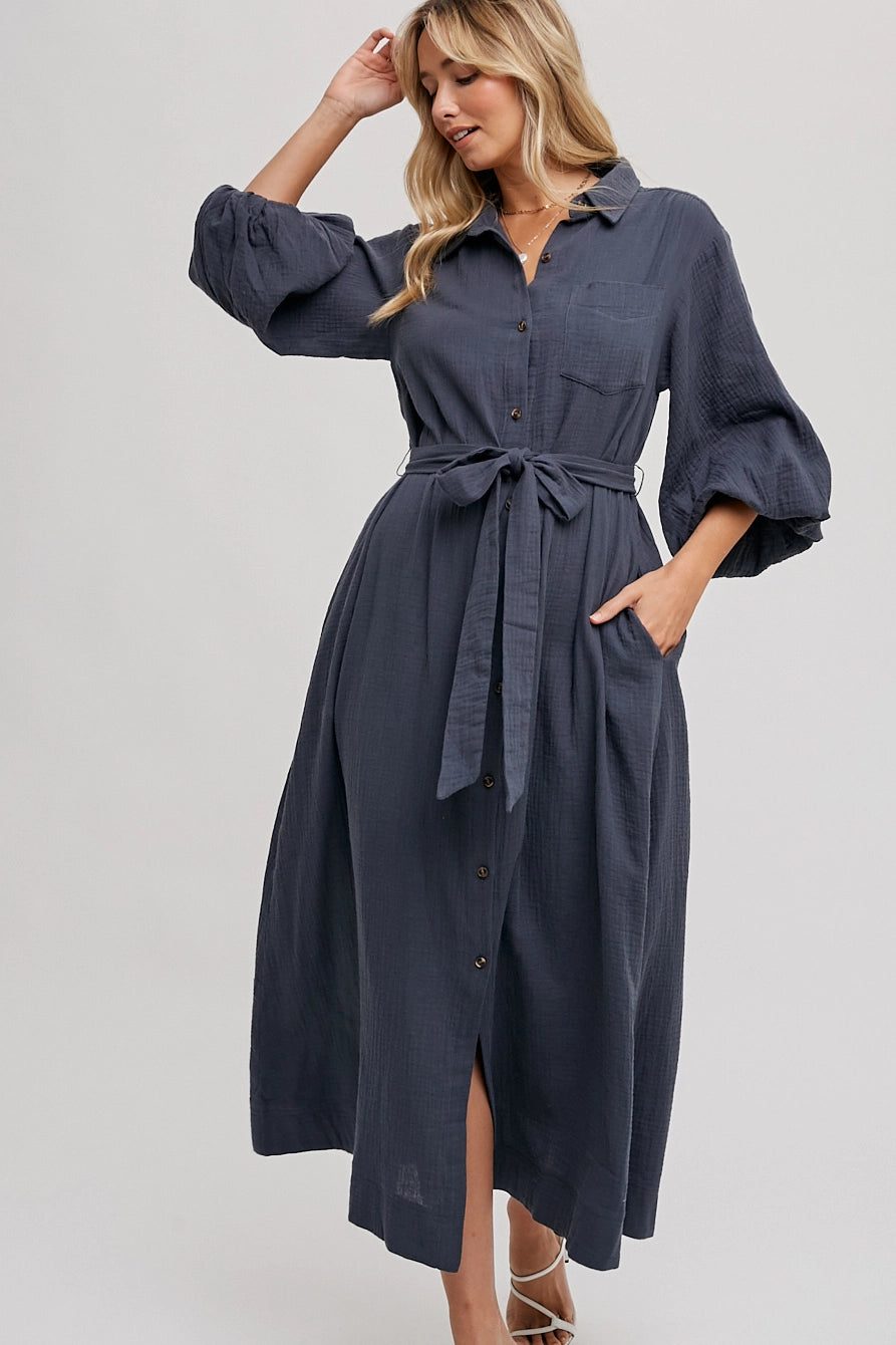 Bubble Sleeve Belted Dress