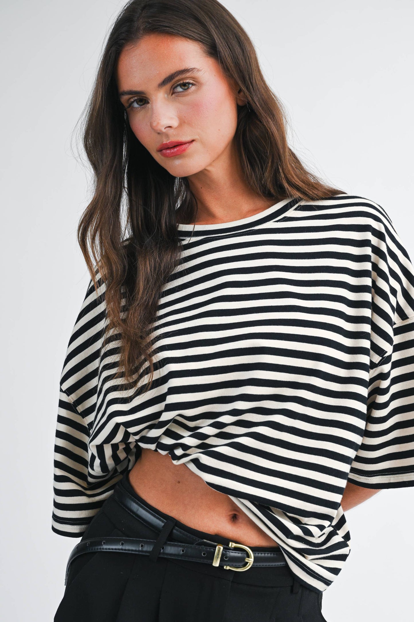 Oversized Stripe Boyfriend Tee I Gray