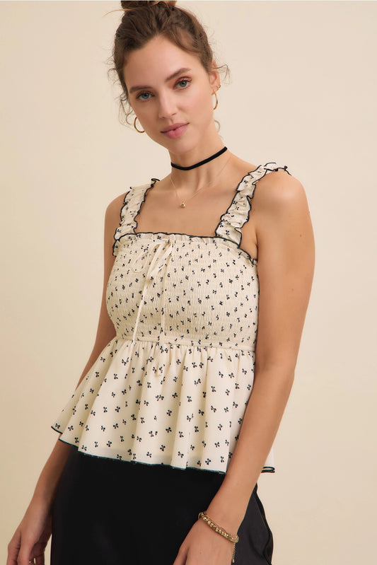Bow Printed Smocked Top