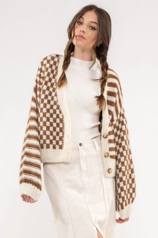 Stripe & Checkered Drop Shoulder Cardigan