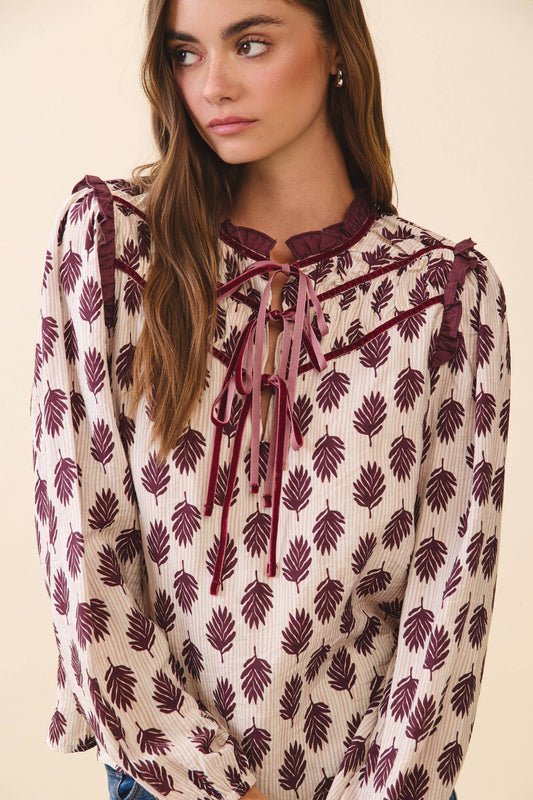 Ruffled Collar Leaf Print Blouse