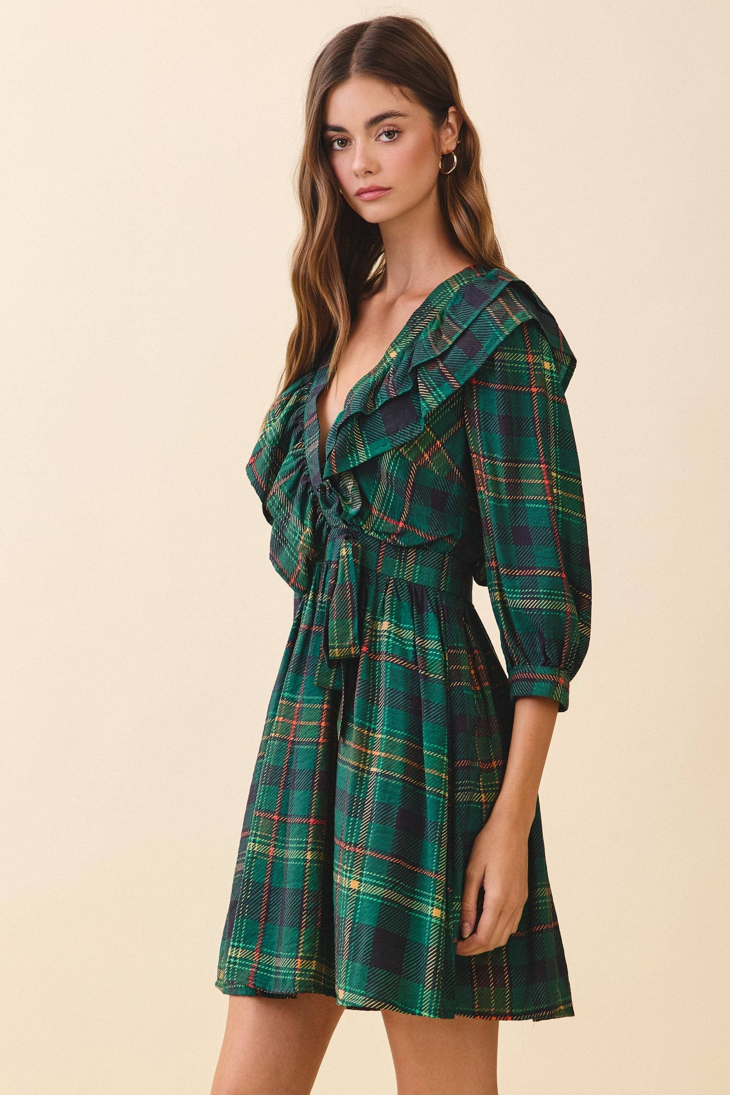 Plaid Ruffle-Trim Wrap Dress