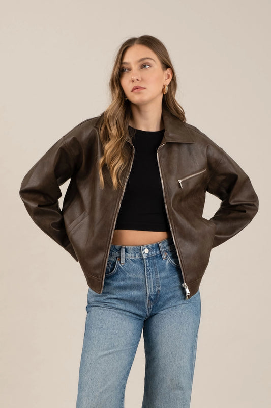 Faux Leather Bomber Jacket