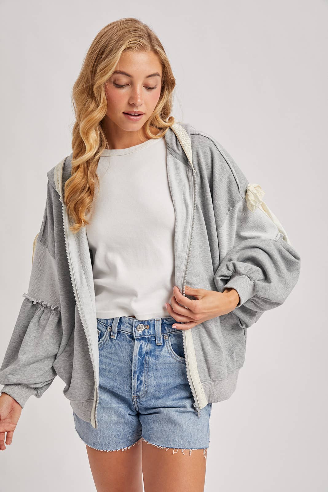 Lace-Trimmed Balloon Sleeve Zip Hoodie