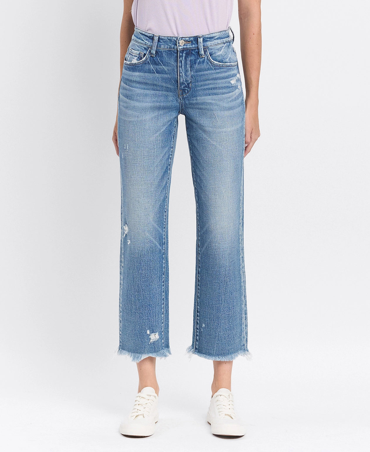 High Rise Frayed Hem Straight Jeans