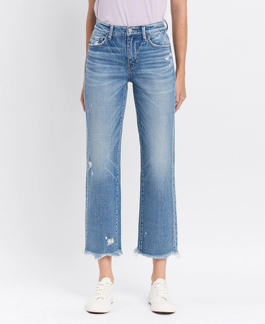 High Rise Frayed Hem Straight Jeans