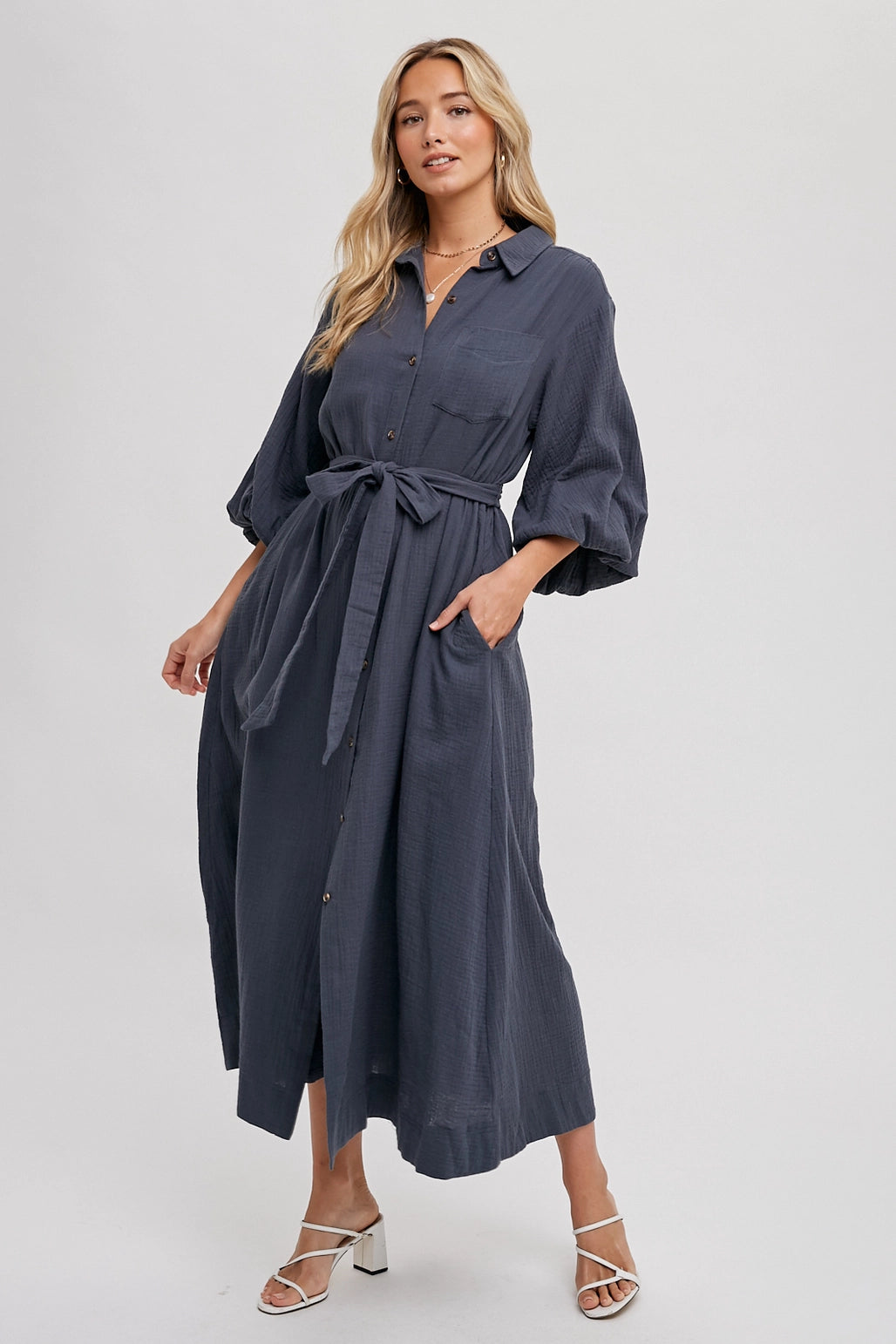 Bubble Sleeve Belted Dress