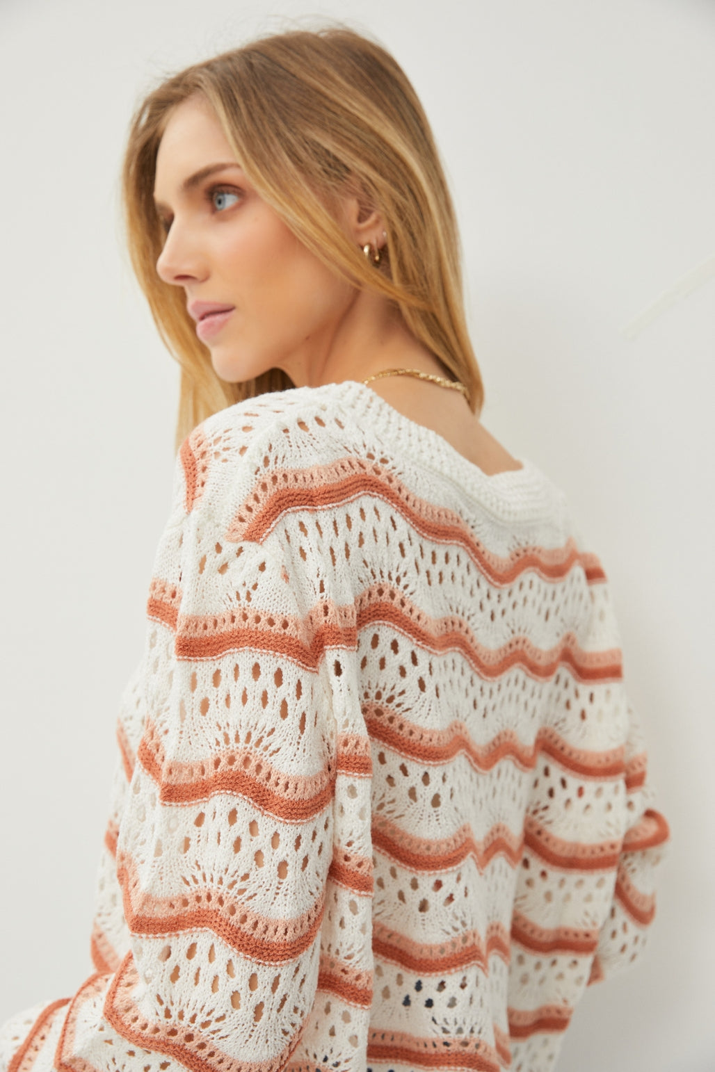 Wavy Stripe Crochet Knit Sweater