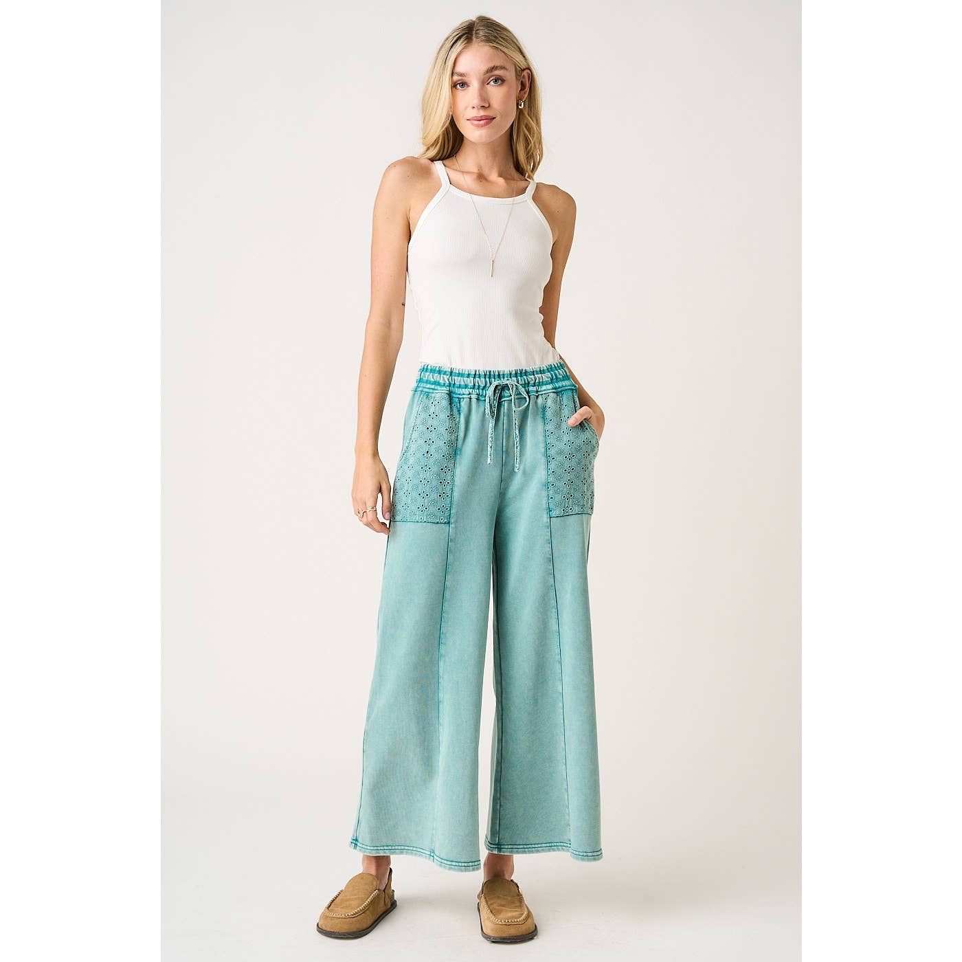 Eyelet Lace Pocket Wide Leg Pants