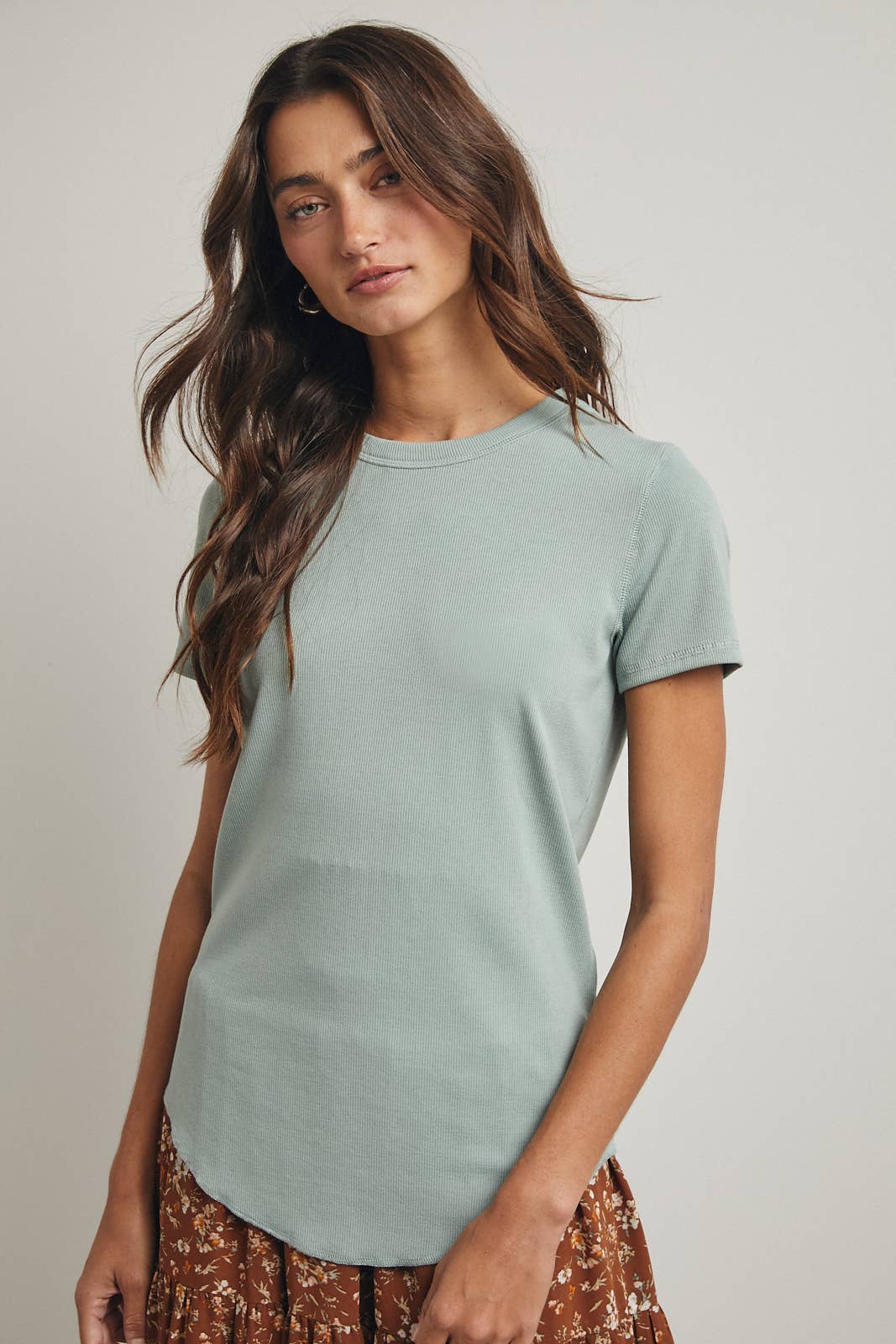 Ribbed Knit Basic Tee I Sage
