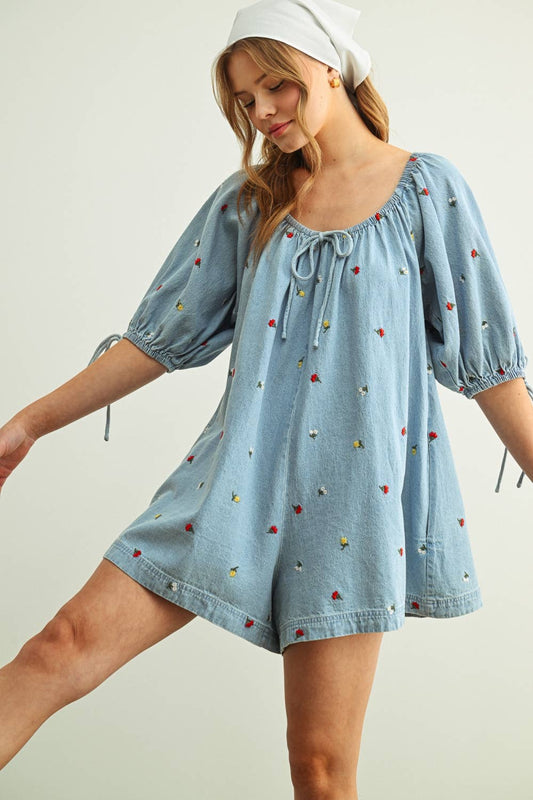Embroidered Denim Romper