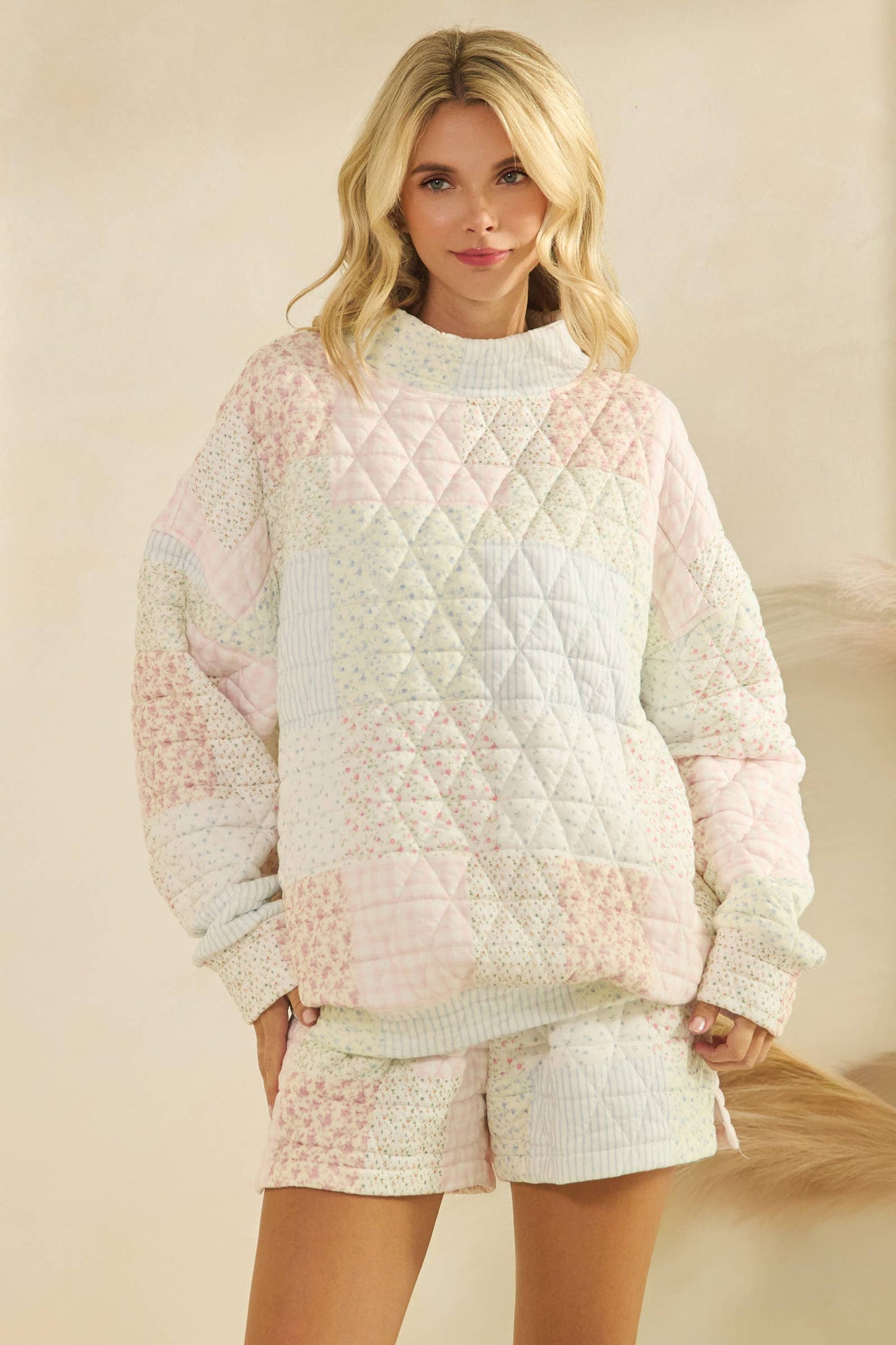 Quilted Floral Mockneck
