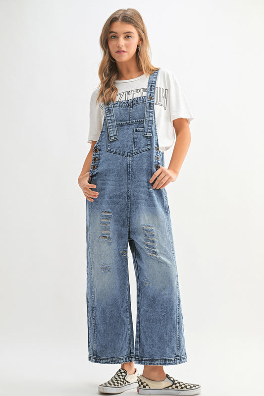 Distressed Wide Leg Denim Jumpsuit