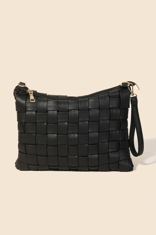 Faux Leather Basket Weave Bag - Black