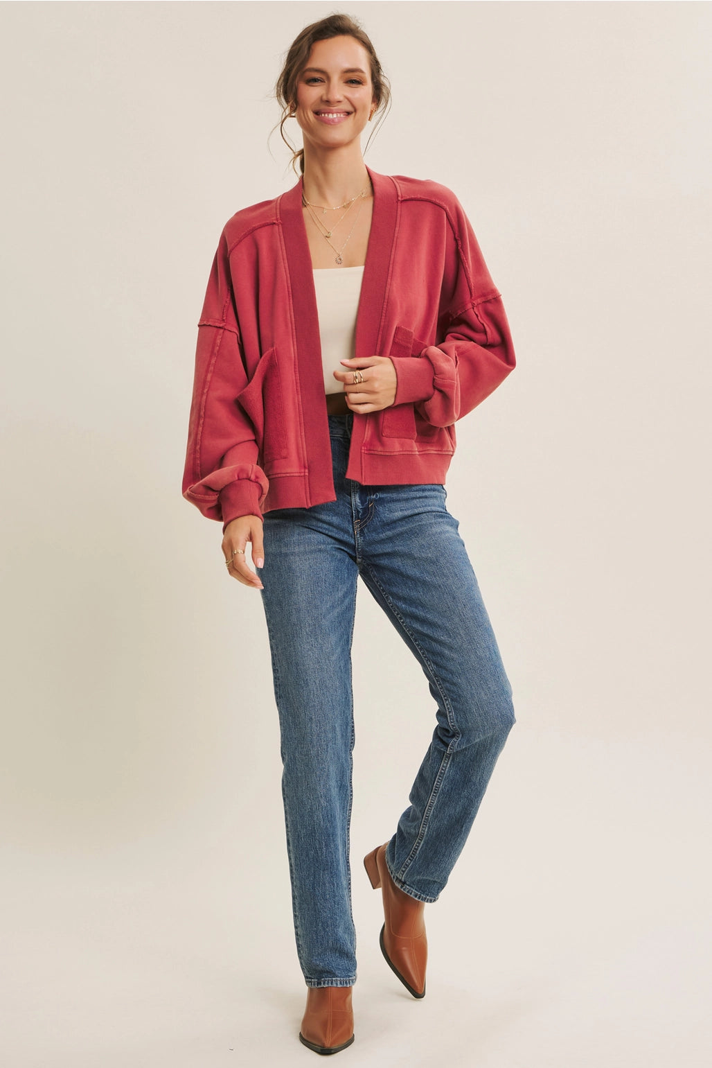 Burnt Red Mineral-Washed French Terry Cardigan
