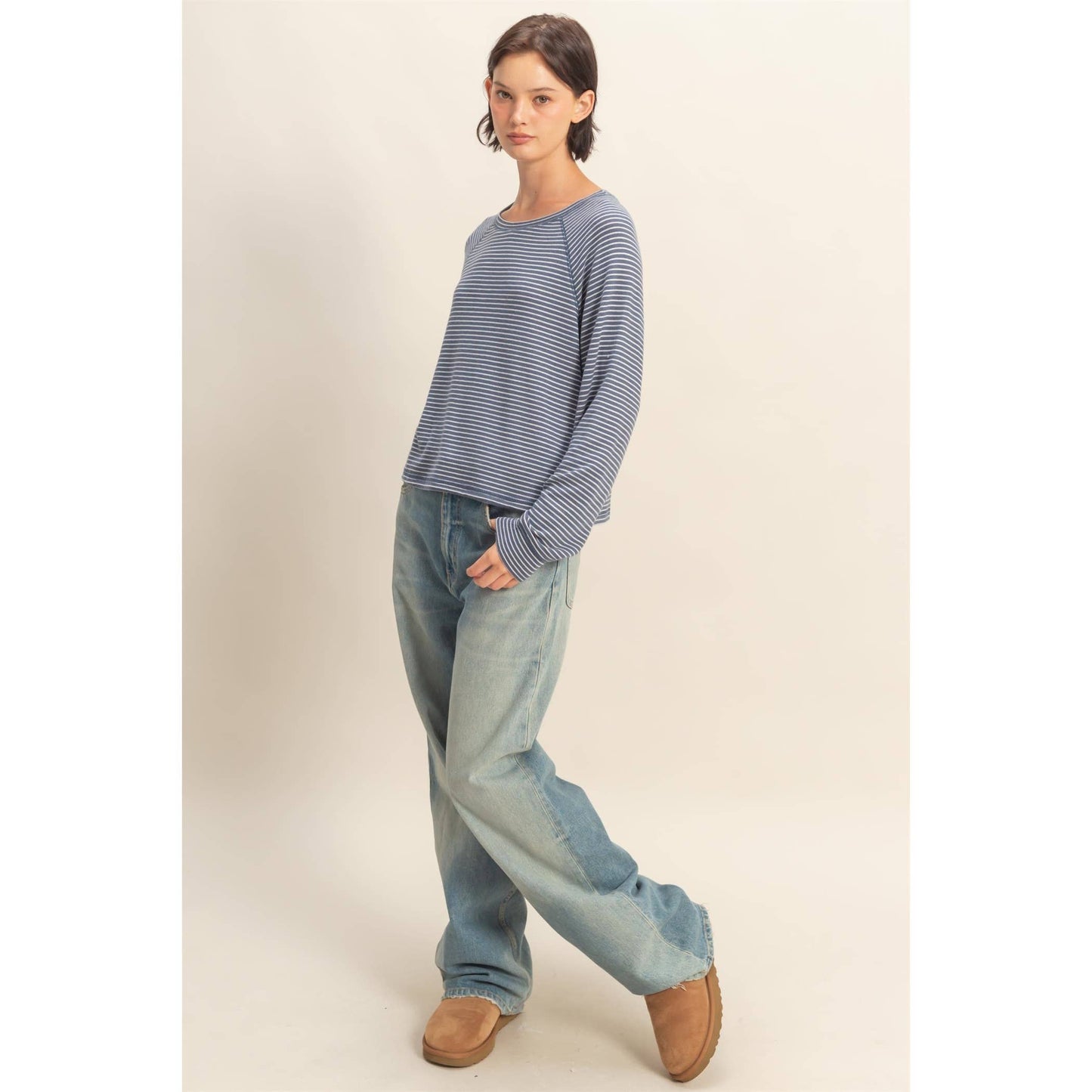 Striped Raglan Long Sleeve Top — Taupe/Cream