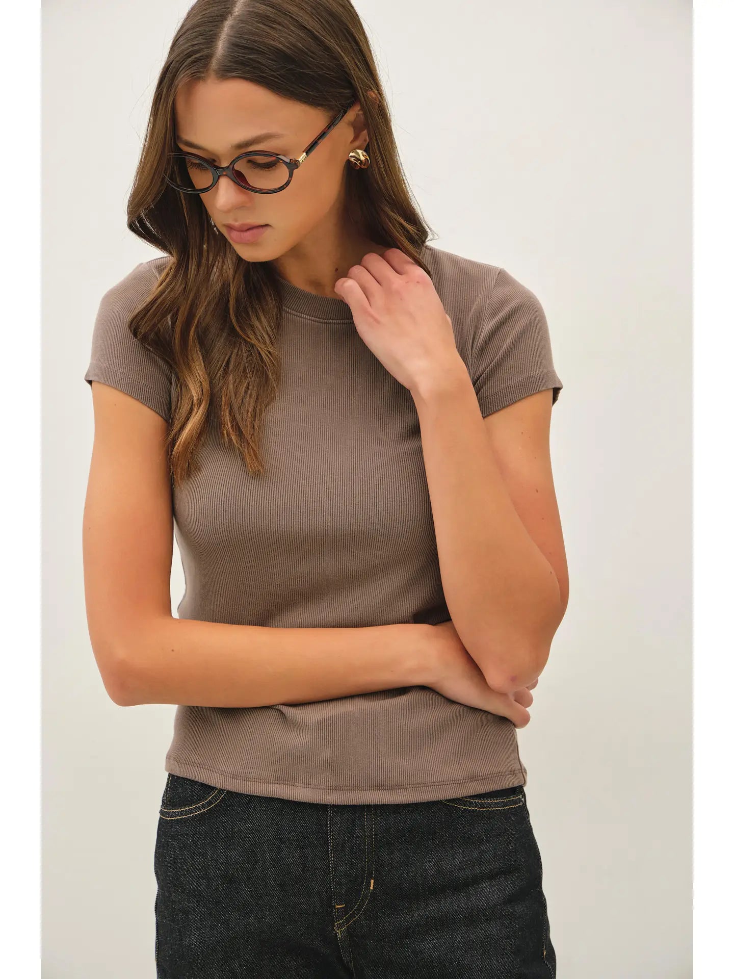 Ribbed Crew Neck Top I Brown