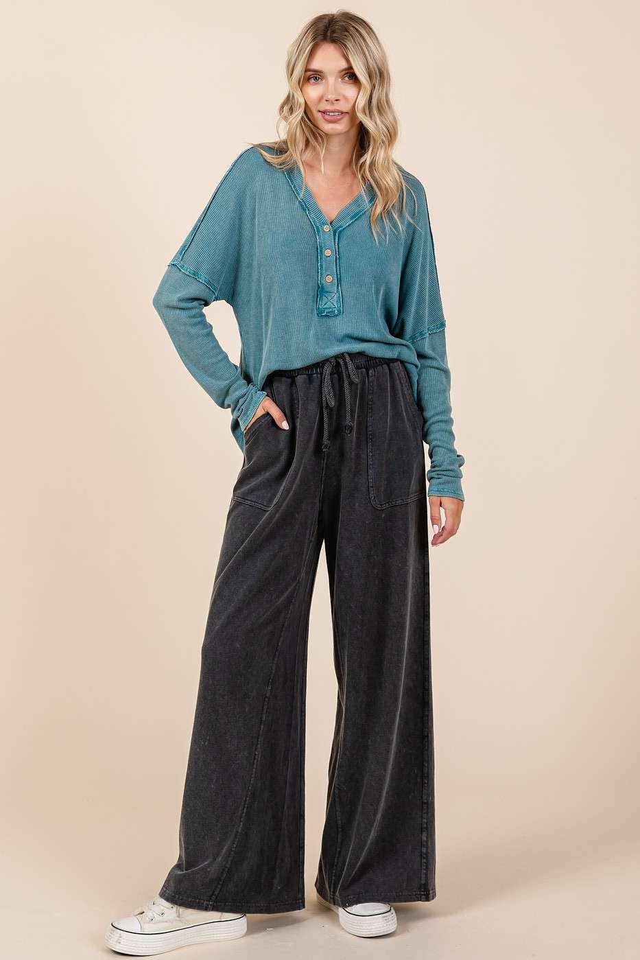 French Terry Wide Leg Pants I Blue