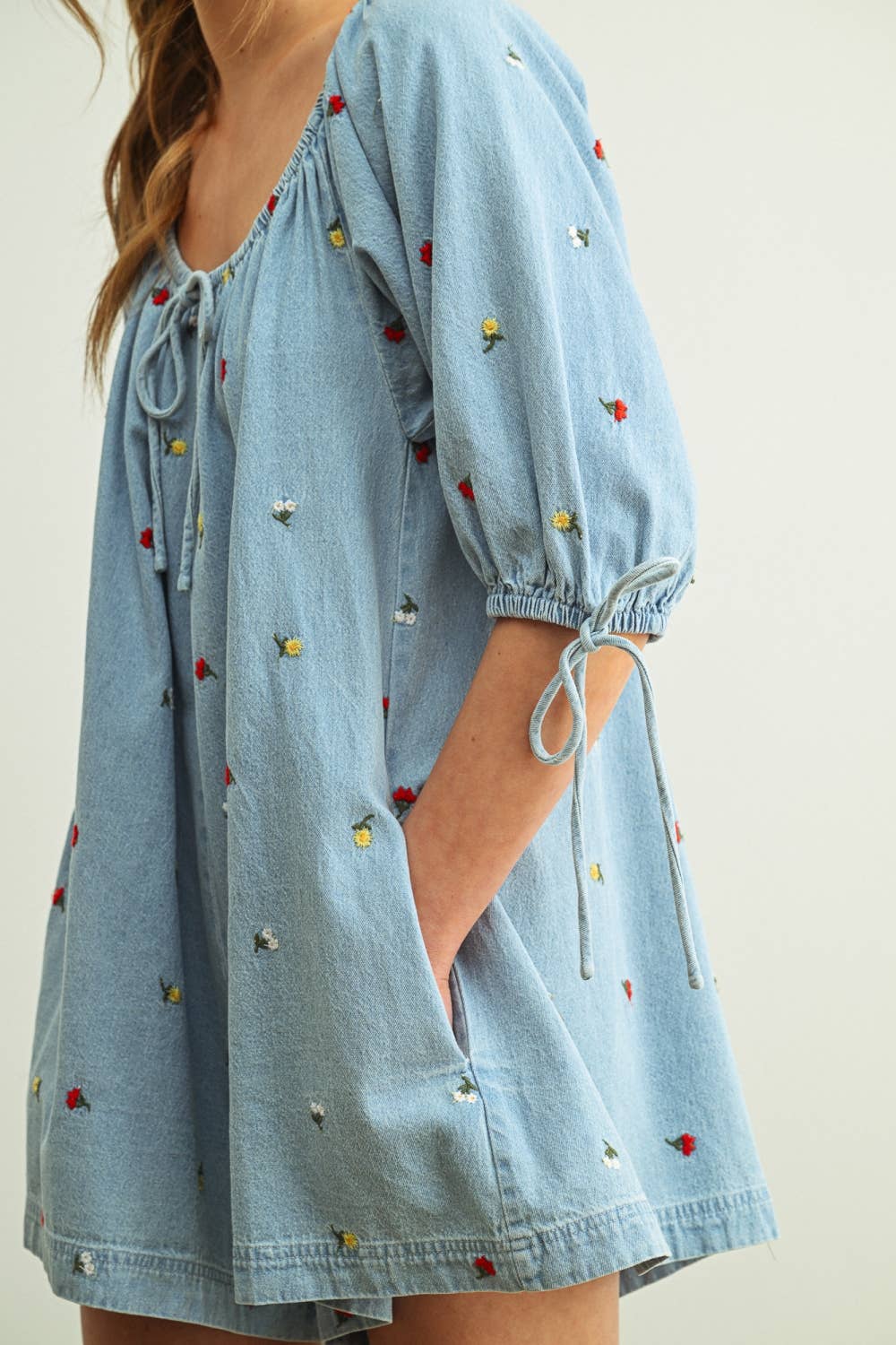 Embroidered Denim Romper