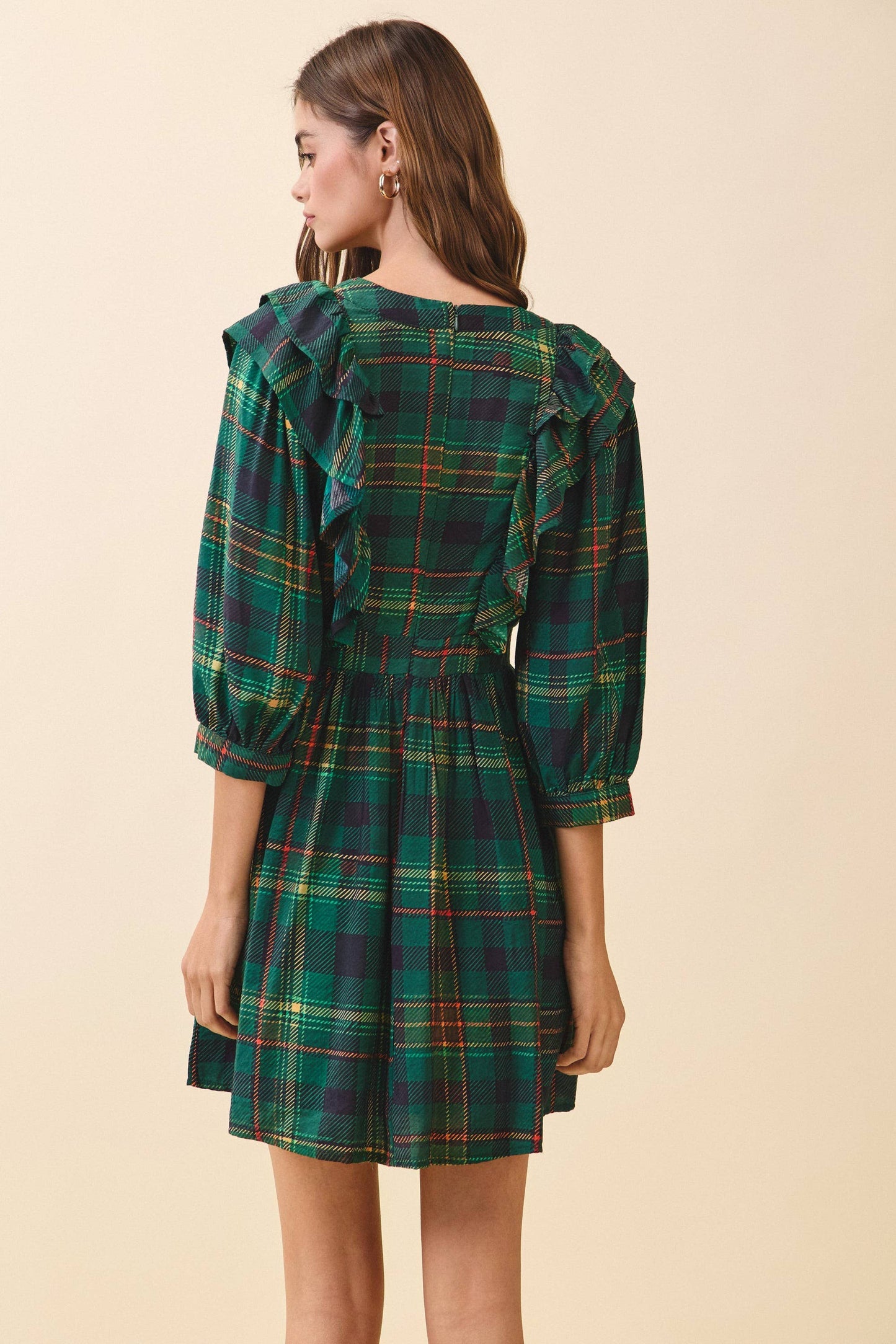 Plaid Ruffle-Trim Wrap Dress