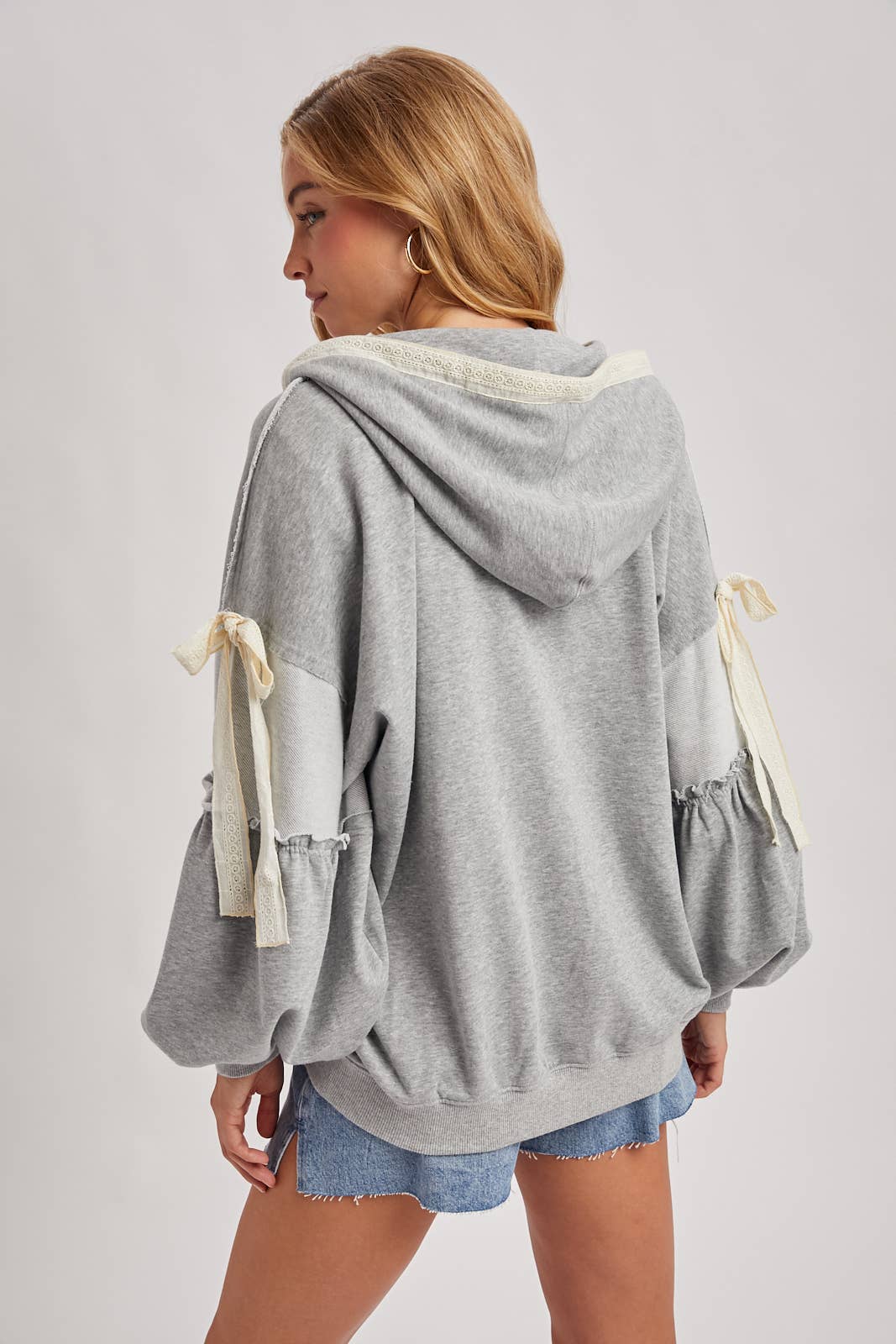 Lace-Trimmed Balloon Sleeve Zip Hoodie