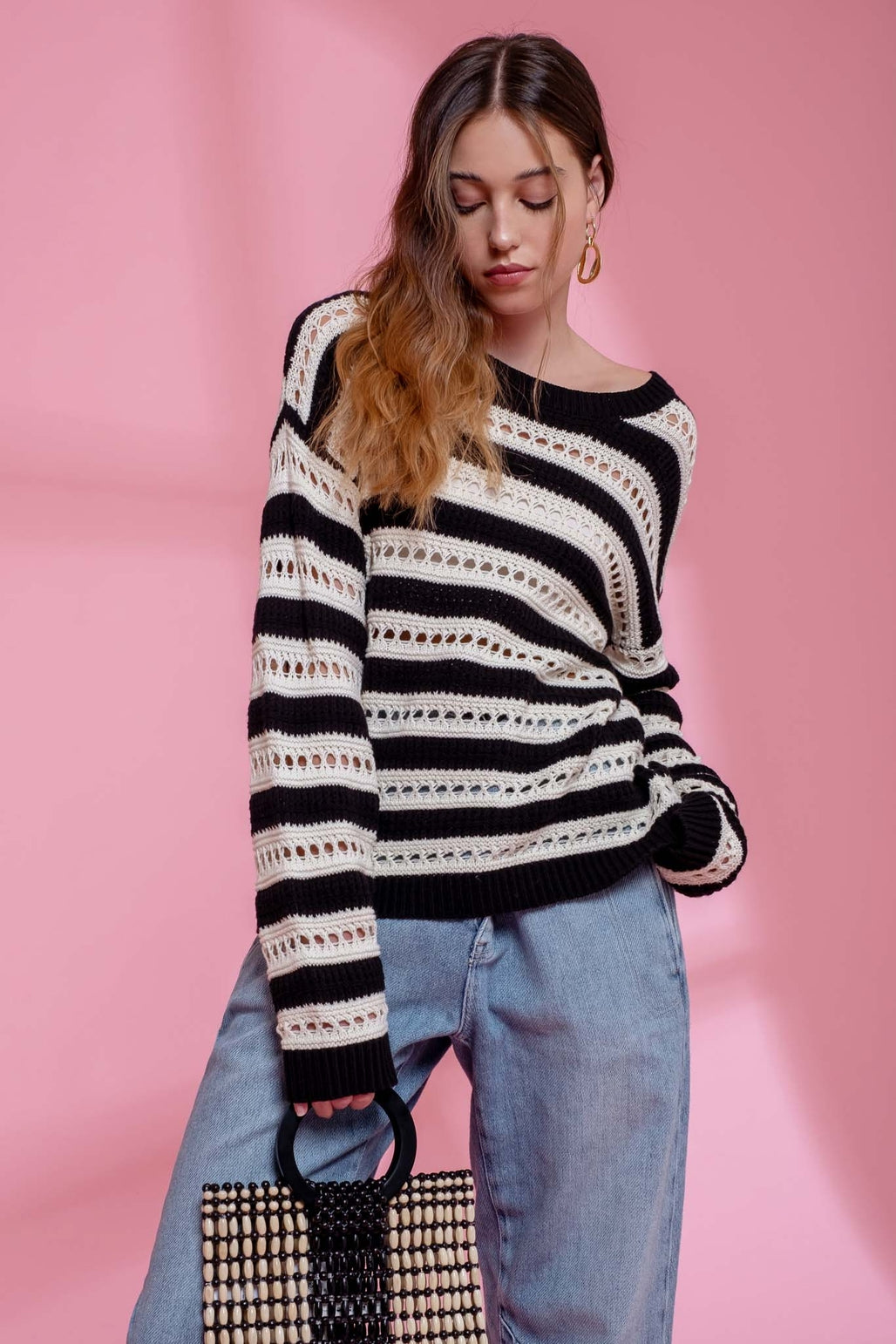 Striped Eyelet Knit Sweater