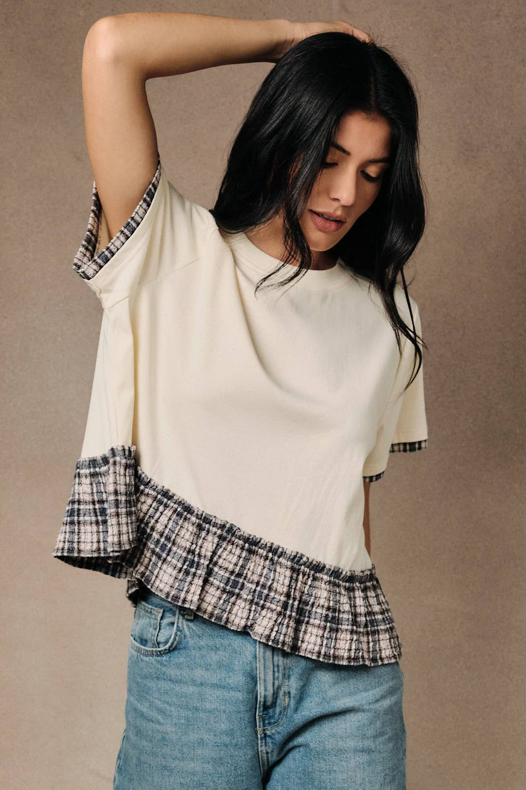 Contrast Plaid Peplum Top