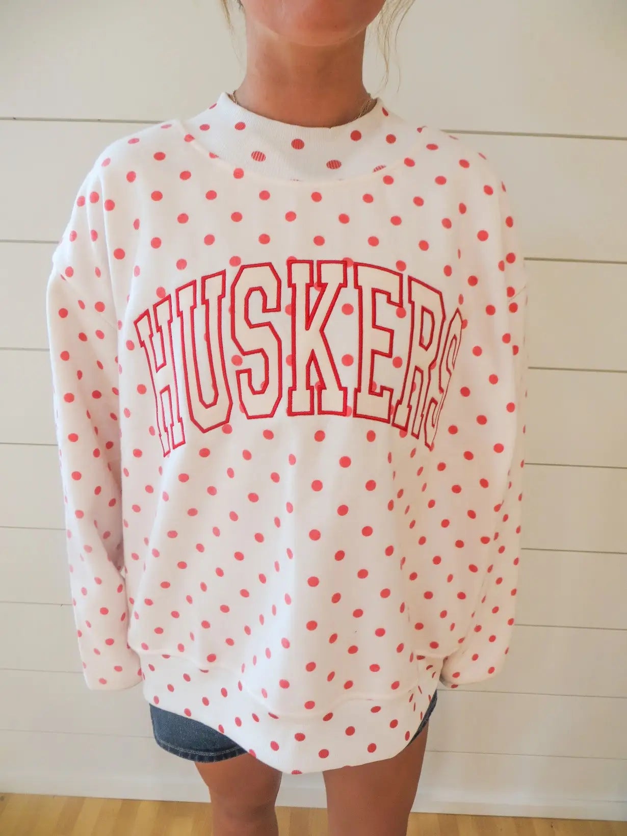 Embroidered Huskers Polka Dot Mockneck