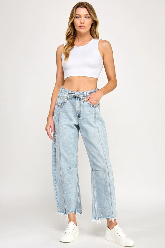 High Rise Barrel Jeans with Tie